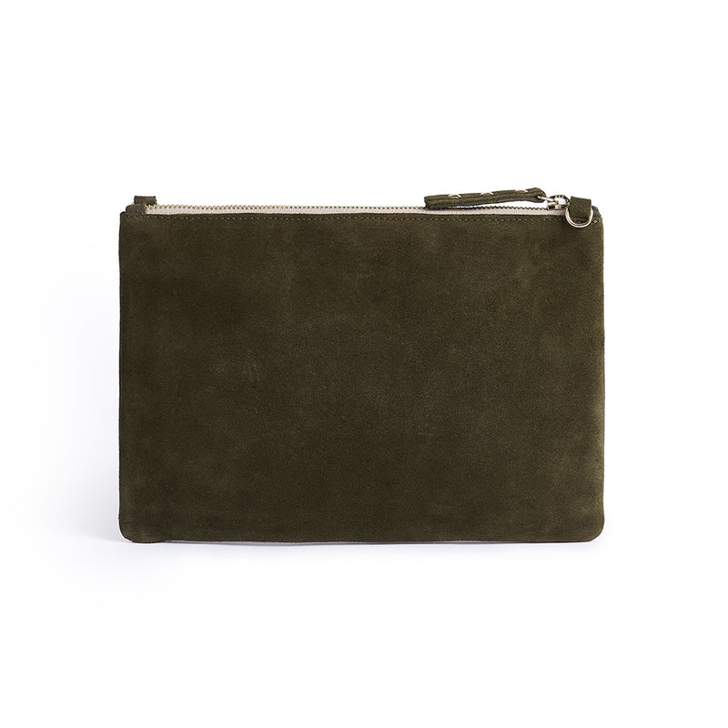 Cara 2.0 - Olive Green Suede Clutch Bag